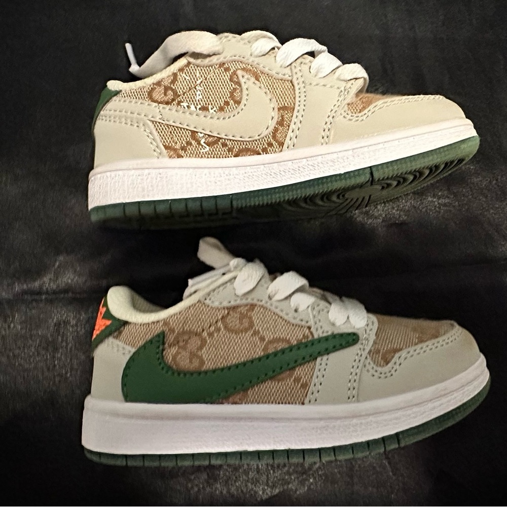 Nike Green and Brown Sneakers Double G Tan Pattern Perfect for Wide Toddler Feet
